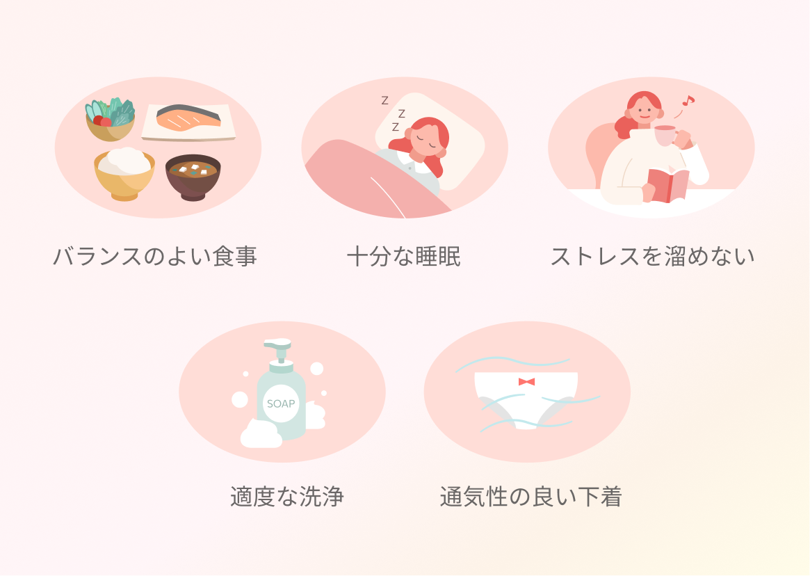 バランスのよい食事／十分な睡眠／ストレスを溜めない／適度な洗浄／通気性の良い下着